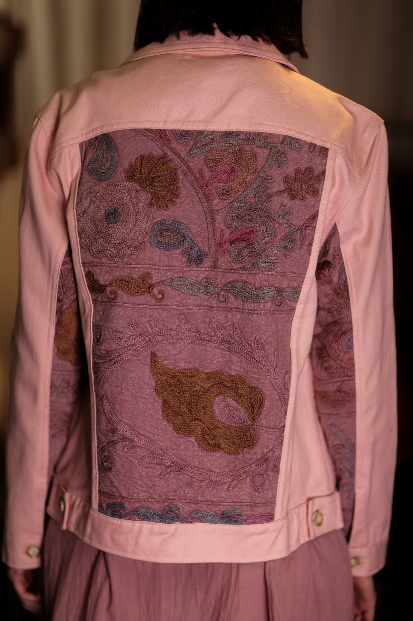 DENIM JACKET WITH SUZANI EMBROIDERY CANDY FLOSS - BANGKOK TAILOR CLOTHING STORE - HANDMADE CLOTHING