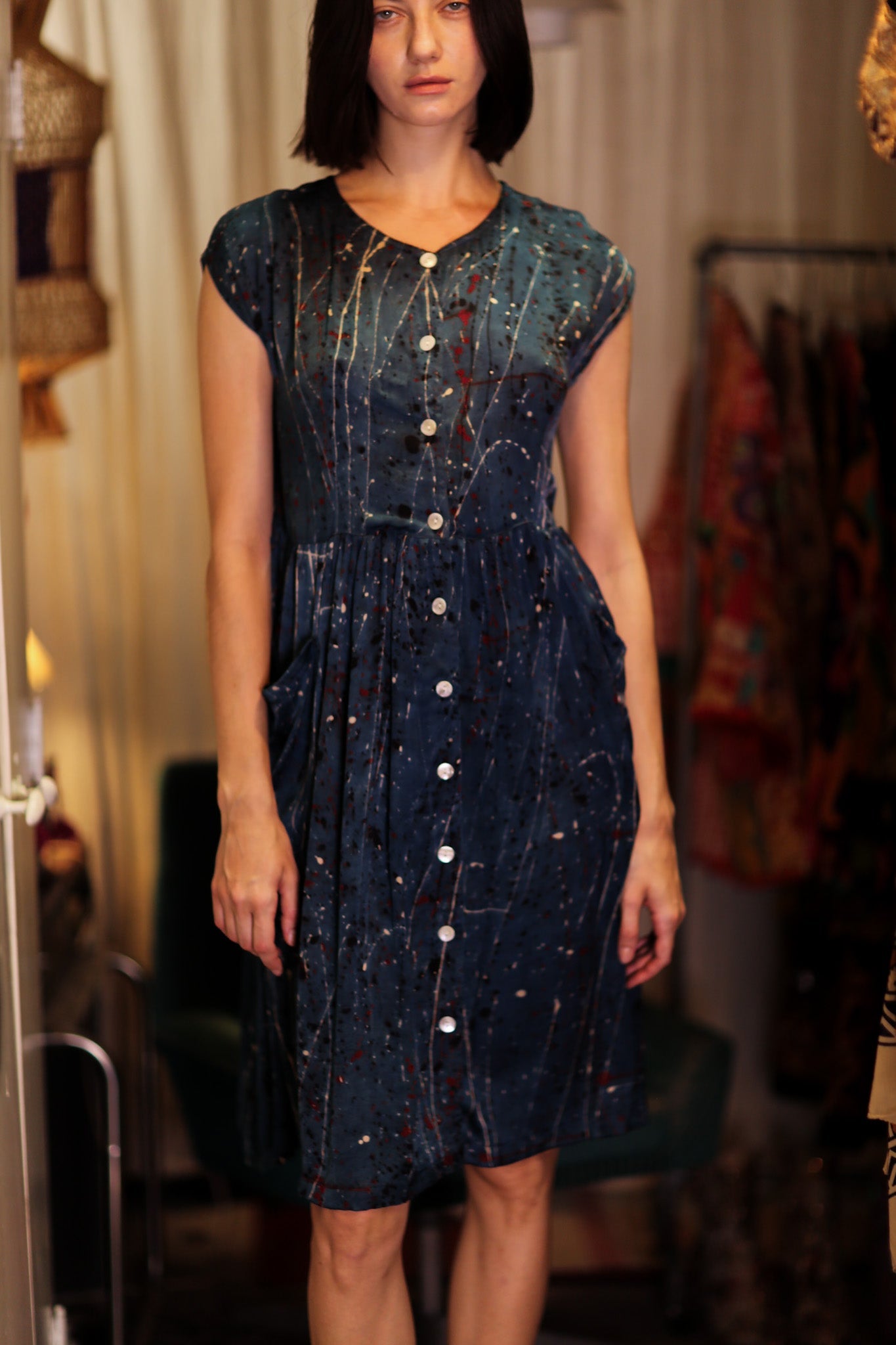 EDITH SILK DRESS BLUE PAINTER - BANGKOK TAILOR CLOTHING STORE - HANDMADE CLOTHING