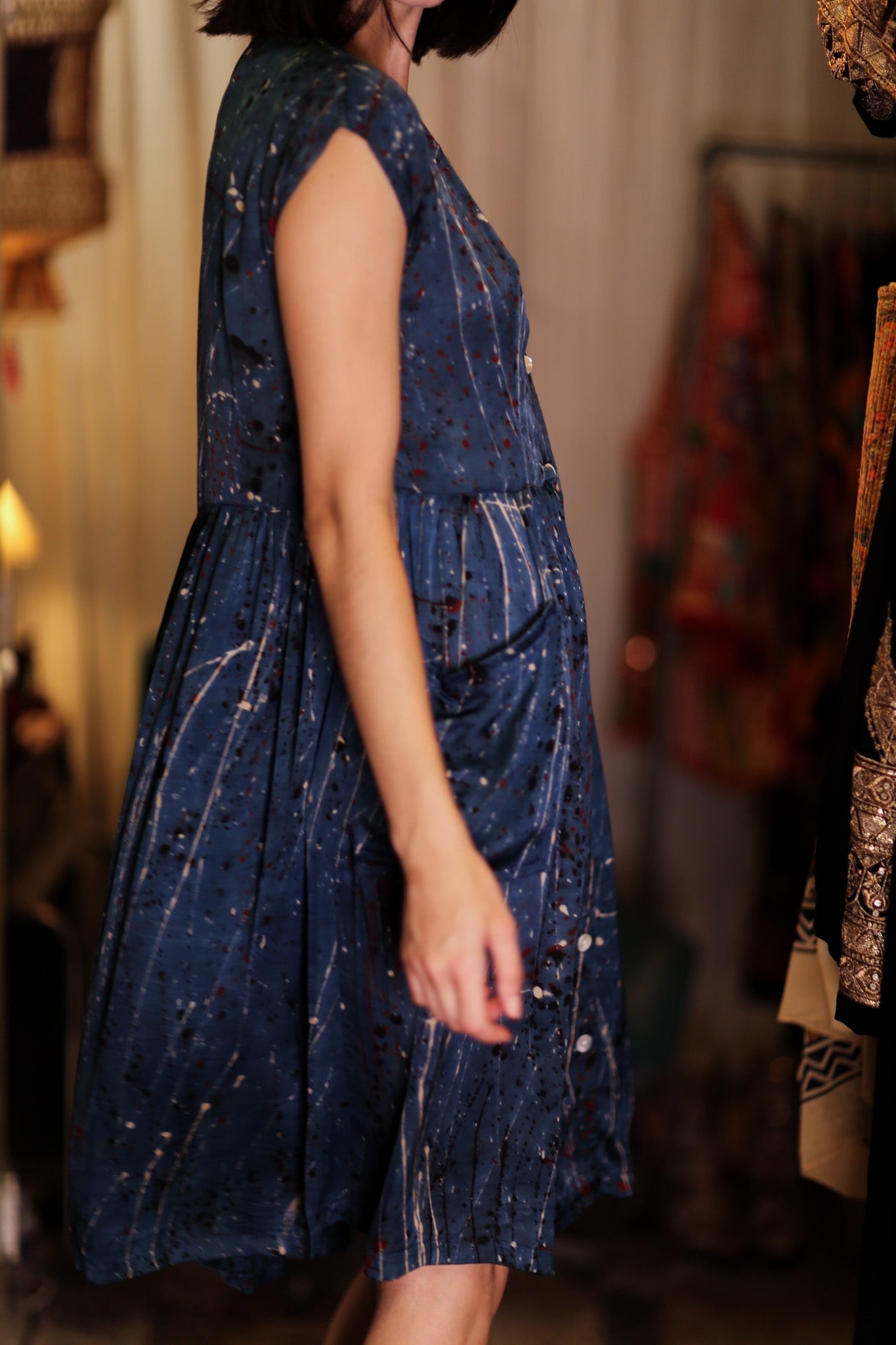 EDITH SILK DRESS BLUE PAINTER - BANGKOK TAILOR CLOTHING STORE - HANDMADE CLOTHING