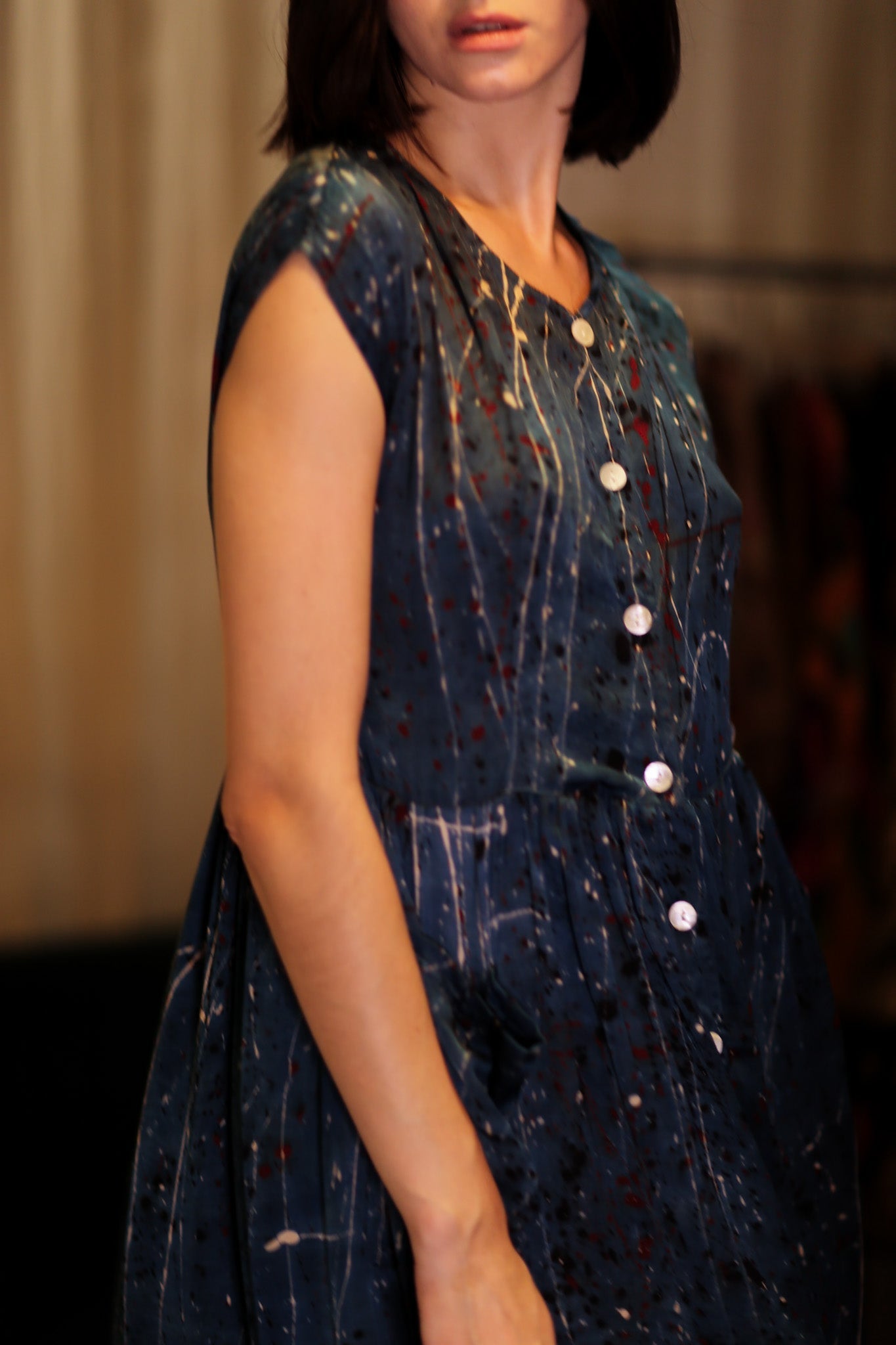 EDITH SILK DRESS BLUE PAINTER - BANGKOK TAILOR CLOTHING STORE - HANDMADE CLOTHING