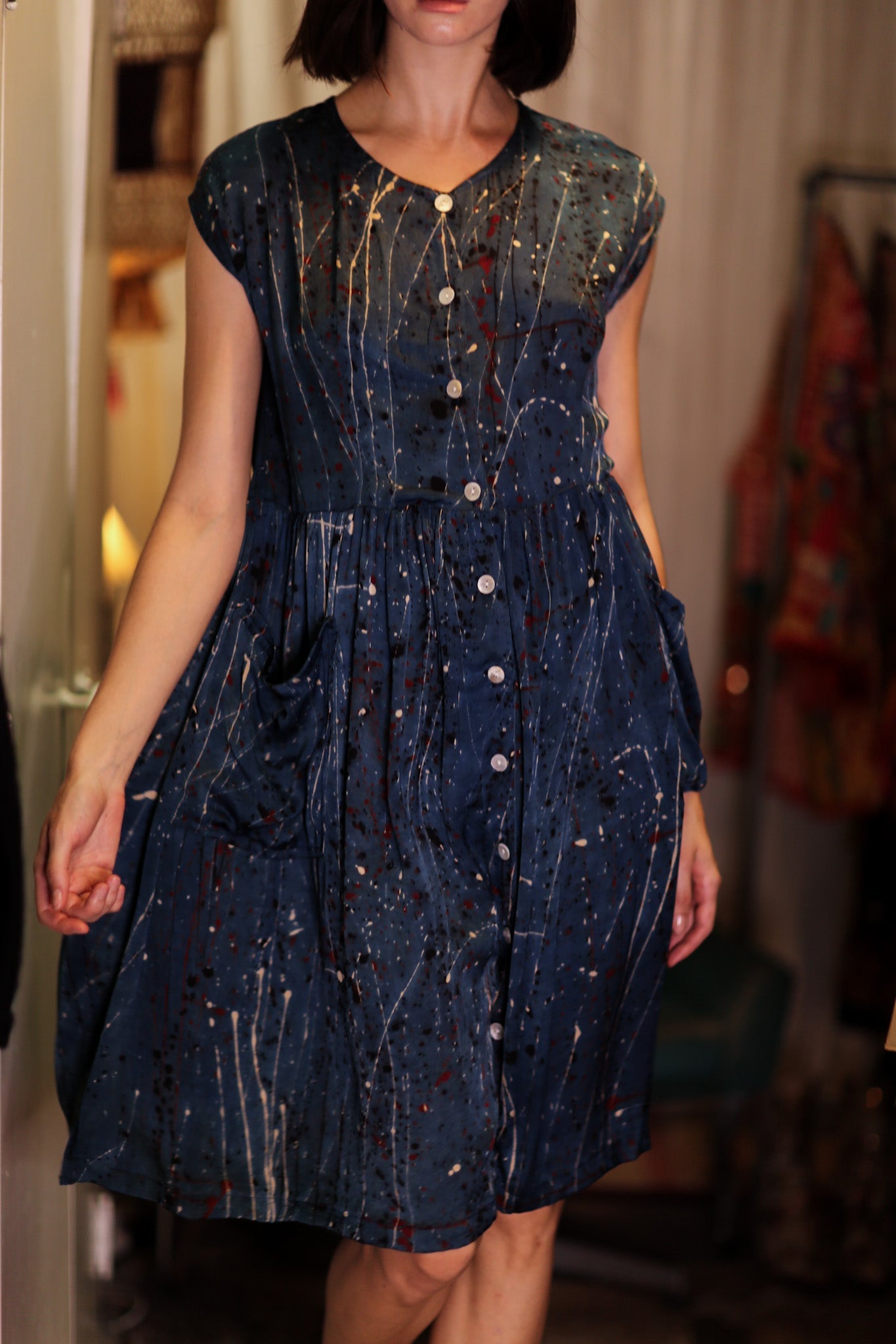 EDITH SILK DRESS BLUE PAINTER - BANGKOK TAILOR CLOTHING STORE - HANDMADE CLOTHING
