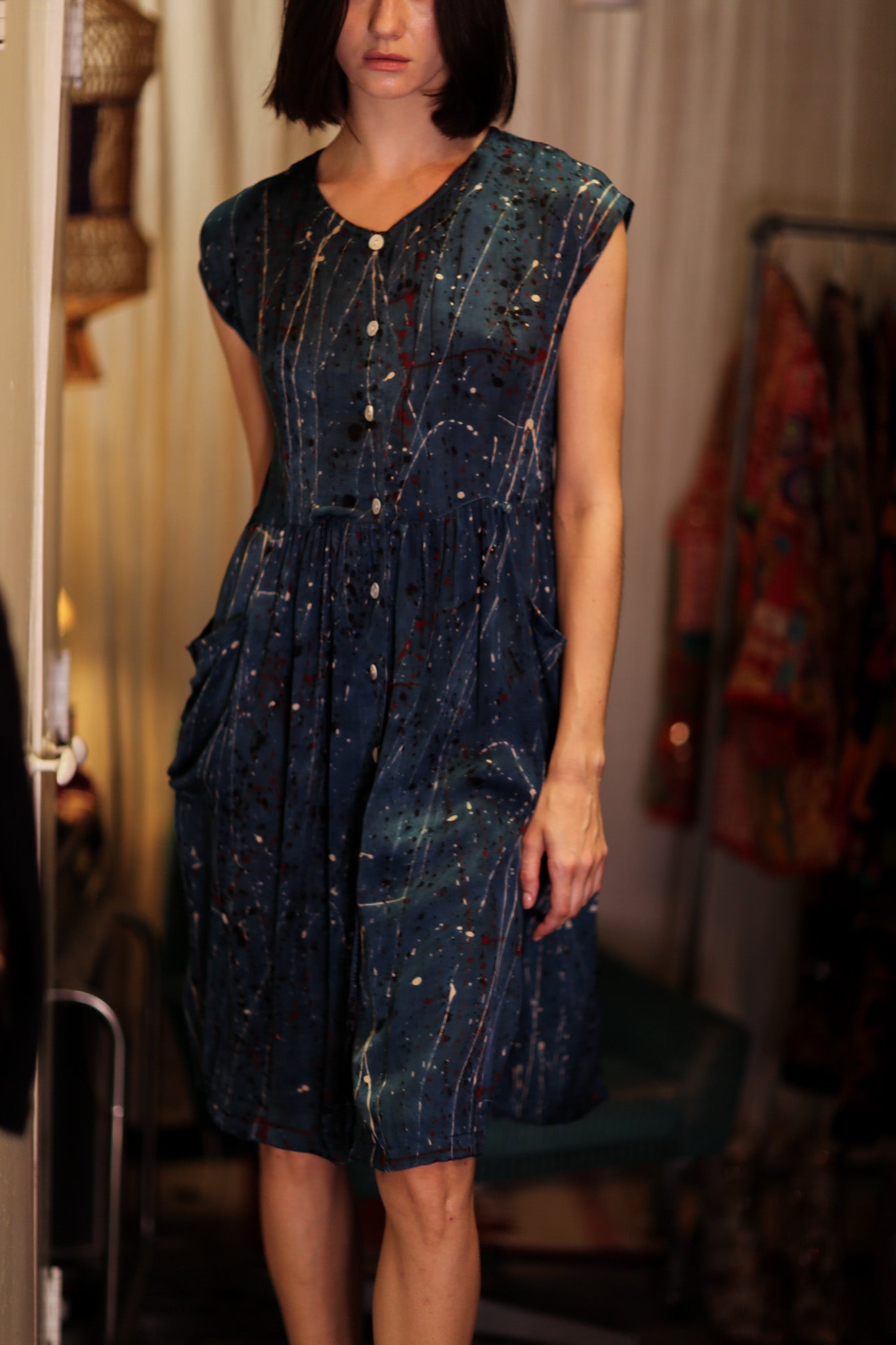 EDITH SILK DRESS BLUE PAINTER - BANGKOK TAILOR CLOTHING STORE - HANDMADE CLOTHING