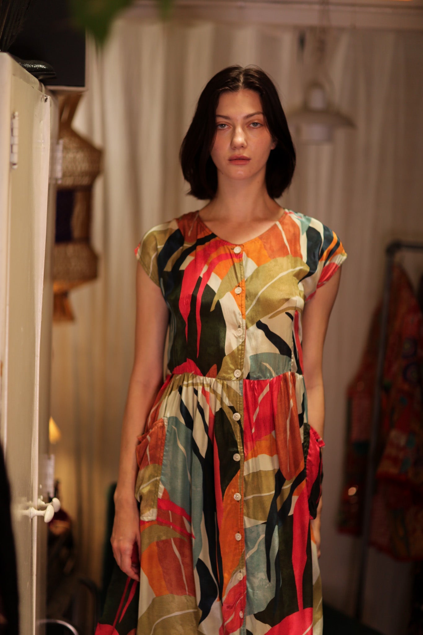 EDITH SILK DRESS COLOURED LEAVES - BANGKOK TAILOR CLOTHING STORE - HANDMADE CLOTHING