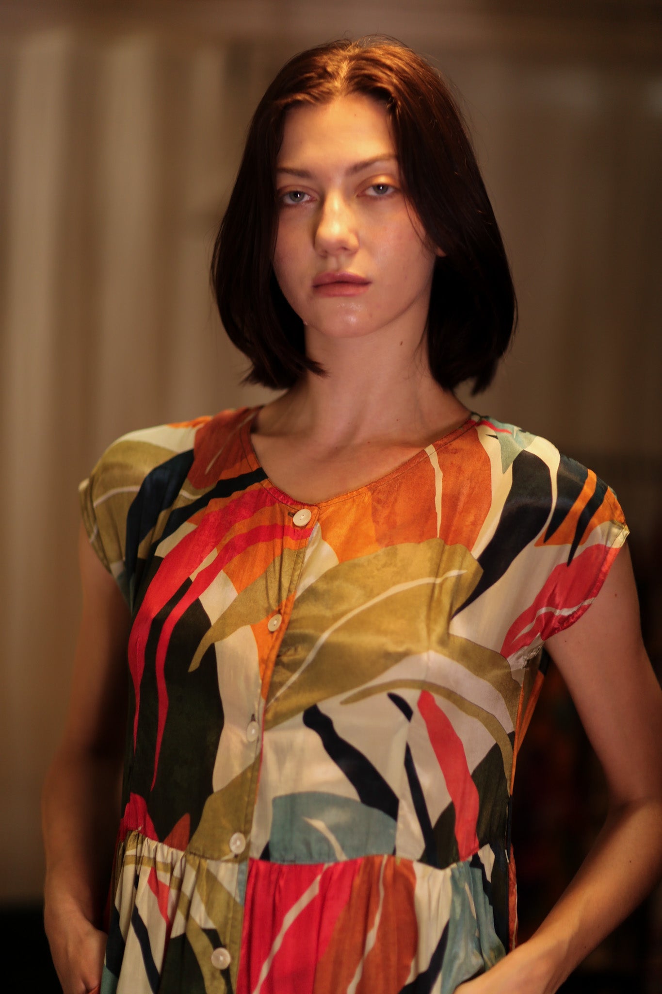 EDITH SILK DRESS COLOURED LEAVES - BANGKOK TAILOR CLOTHING STORE - HANDMADE CLOTHING
