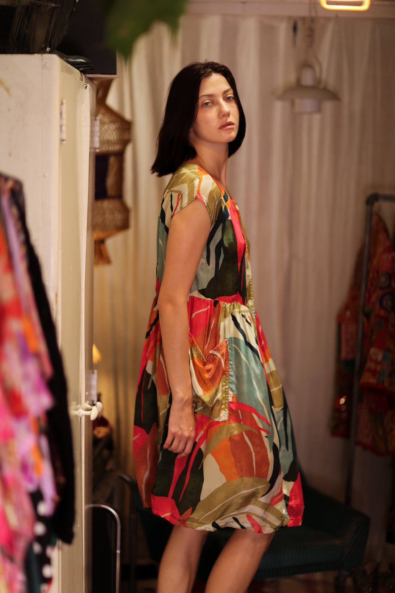 EDITH SILK DRESS COLOURED LEAVES - BANGKOK TAILOR CLOTHING STORE - HANDMADE CLOTHING