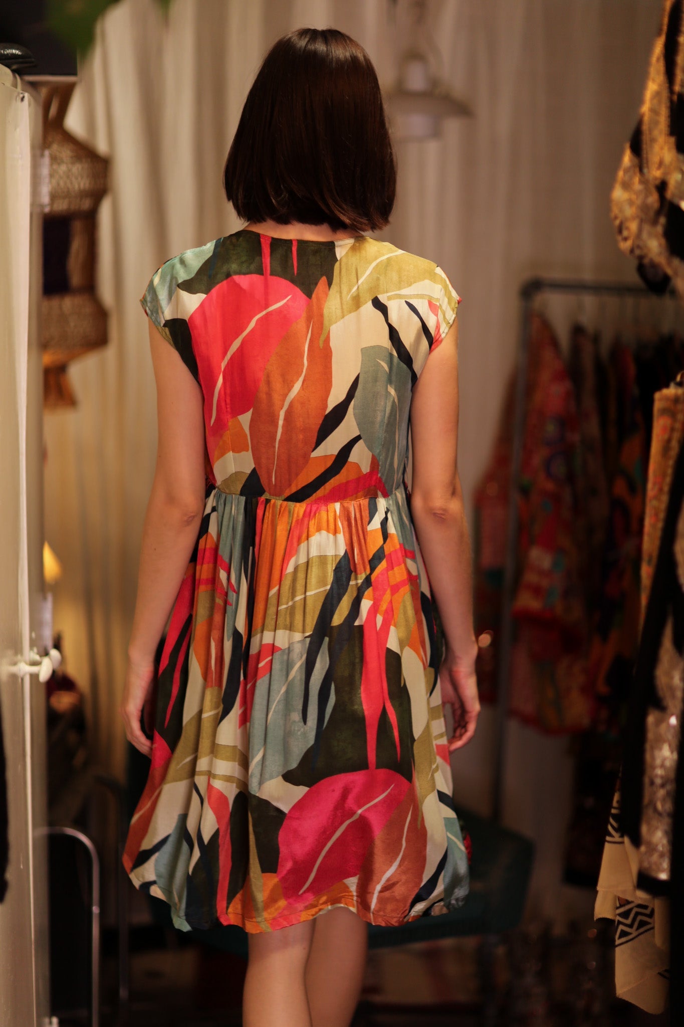 EDITH SILK DRESS COLOURED LEAVES - BANGKOK TAILOR CLOTHING STORE - HANDMADE CLOTHING