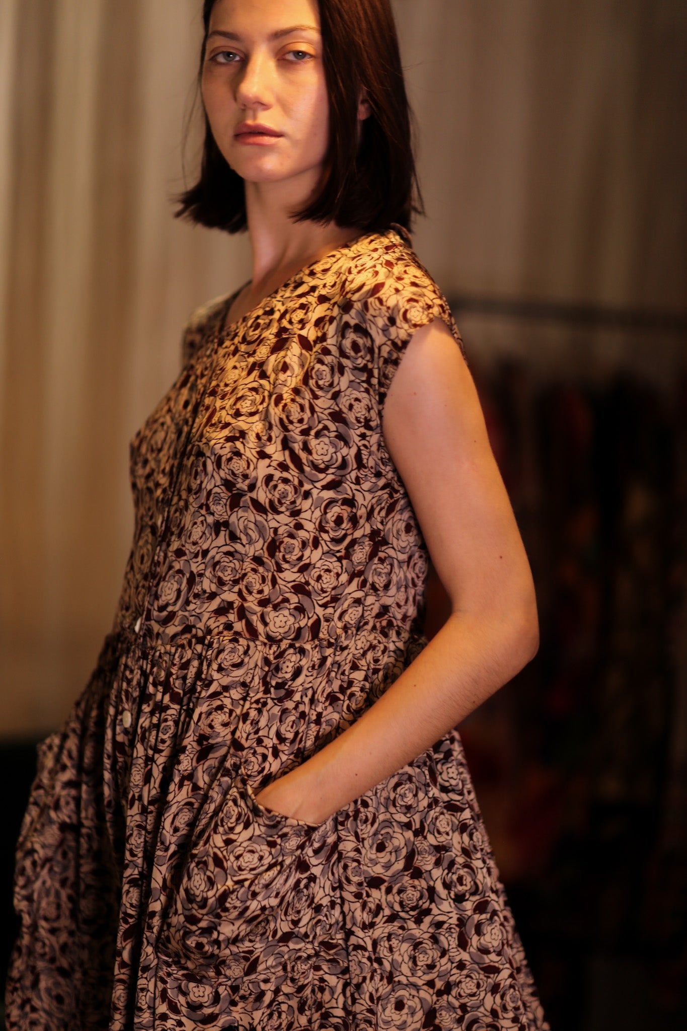 EDITH SILK DRESS GREY FLORAL - BANGKOK TAILOR CLOTHING STORE - HANDMADE CLOTHING