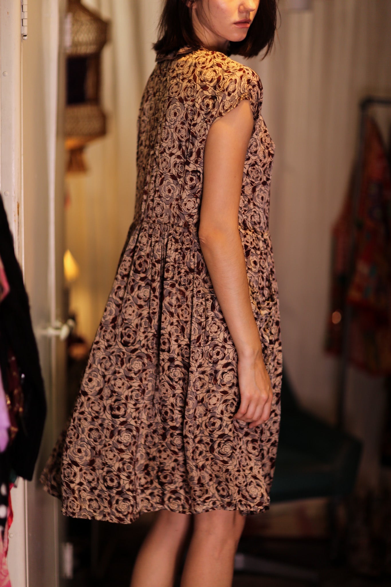 EDITH SILK DRESS GREY FLORAL - BANGKOK TAILOR CLOTHING STORE - HANDMADE CLOTHING