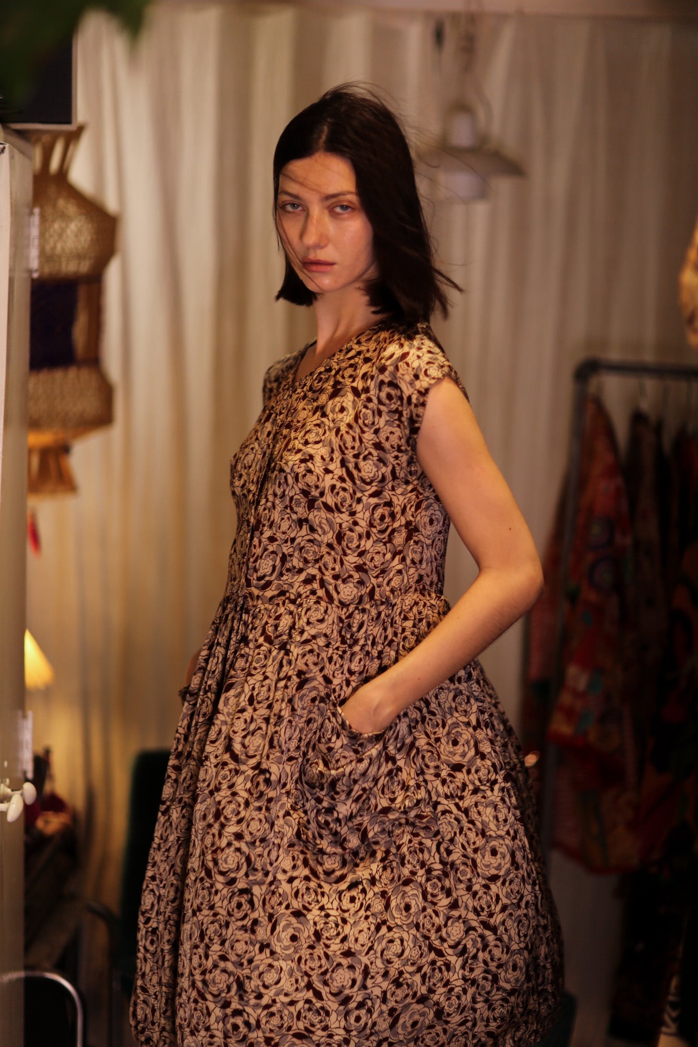 EDITH SILK DRESS GREY FLORAL - BANGKOK TAILOR CLOTHING STORE - HANDMADE CLOTHING