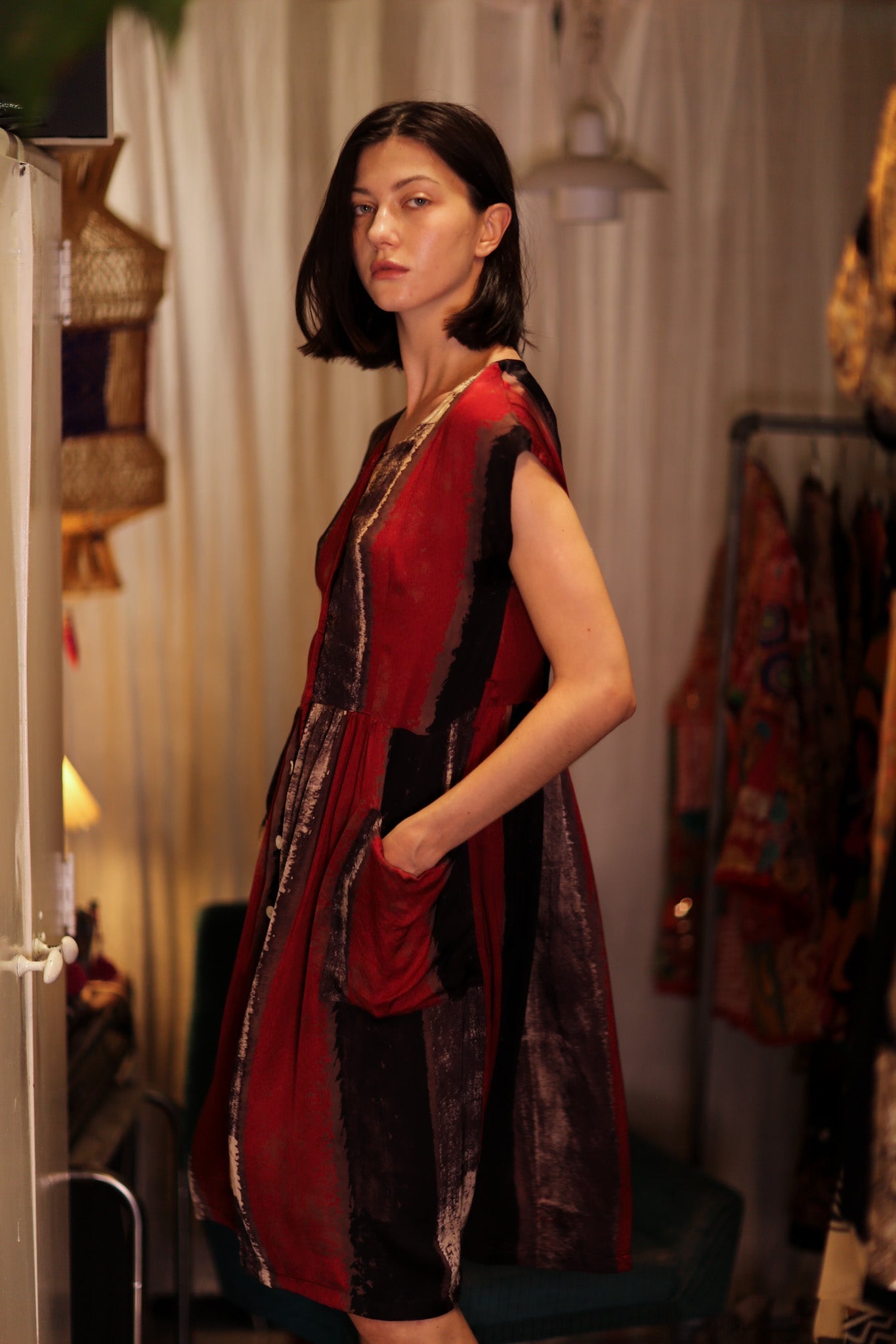 EDITH SILK DRESS RED STRIPE - BANGKOK TAILOR CLOTHING STORE - HANDMADE CLOTHING