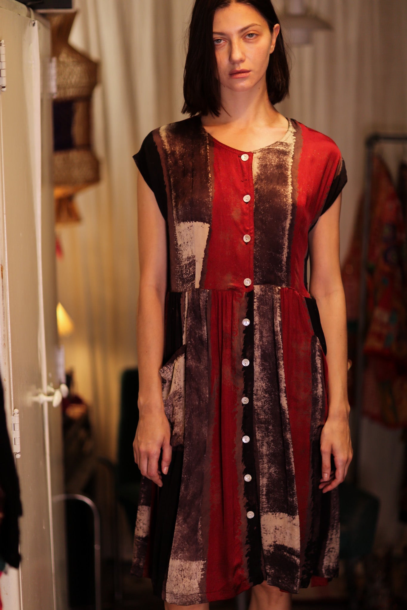 EDITH SILK DRESS RED STRIPE - BANGKOK TAILOR CLOTHING STORE - HANDMADE CLOTHING