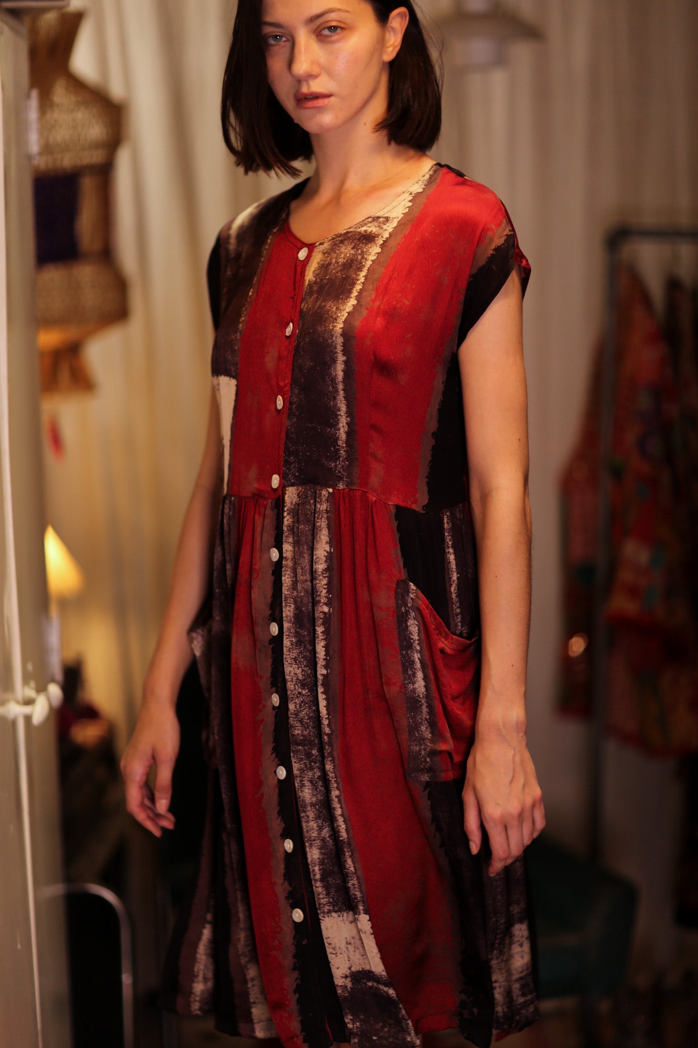 EDITH SILK DRESS RED STRIPE - BANGKOK TAILOR CLOTHING STORE - HANDMADE CLOTHING