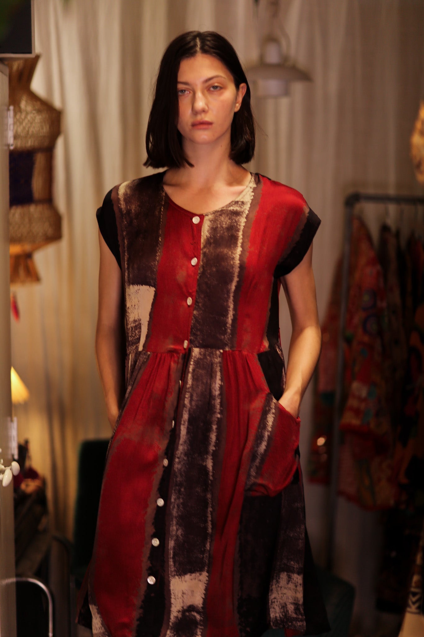 EDITH SILK DRESS RED STRIPE - BANGKOK TAILOR CLOTHING STORE - HANDMADE CLOTHING