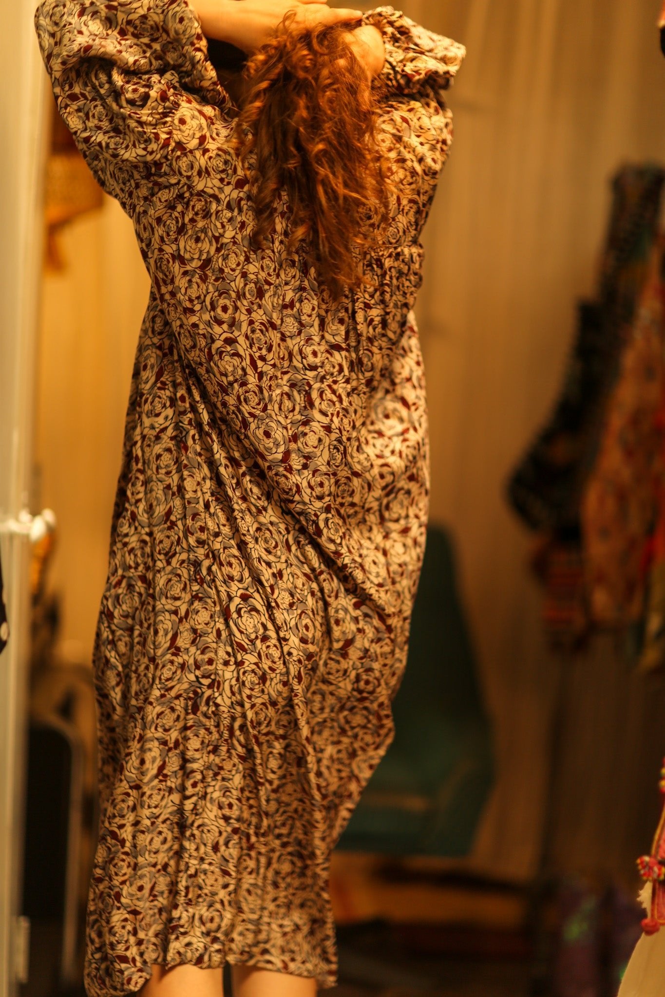 ELIZABETH SILK DRESS GREY FLORAL - BANGKOK TAILOR CLOTHING STORE - HANDMADE CLOTHING