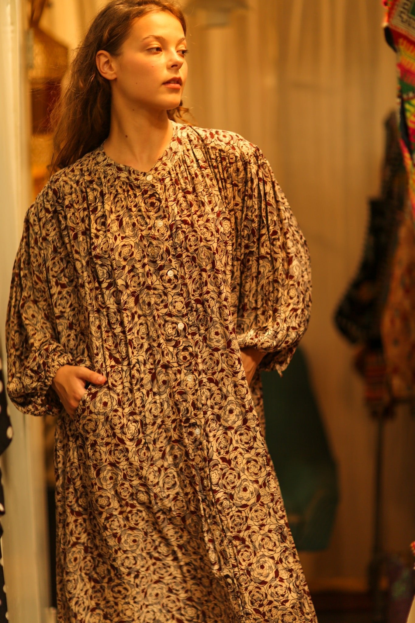 ELIZABETH SILK DRESS GREY FLORAL - BANGKOK TAILOR CLOTHING STORE - HANDMADE CLOTHING