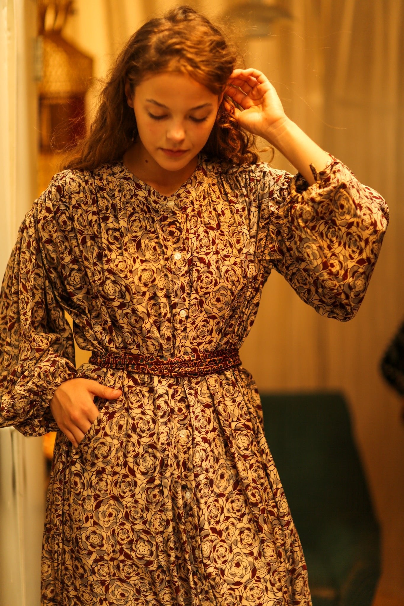 ELIZABETH SILK DRESS GREY FLORAL - BANGKOK TAILOR CLOTHING STORE - HANDMADE CLOTHING