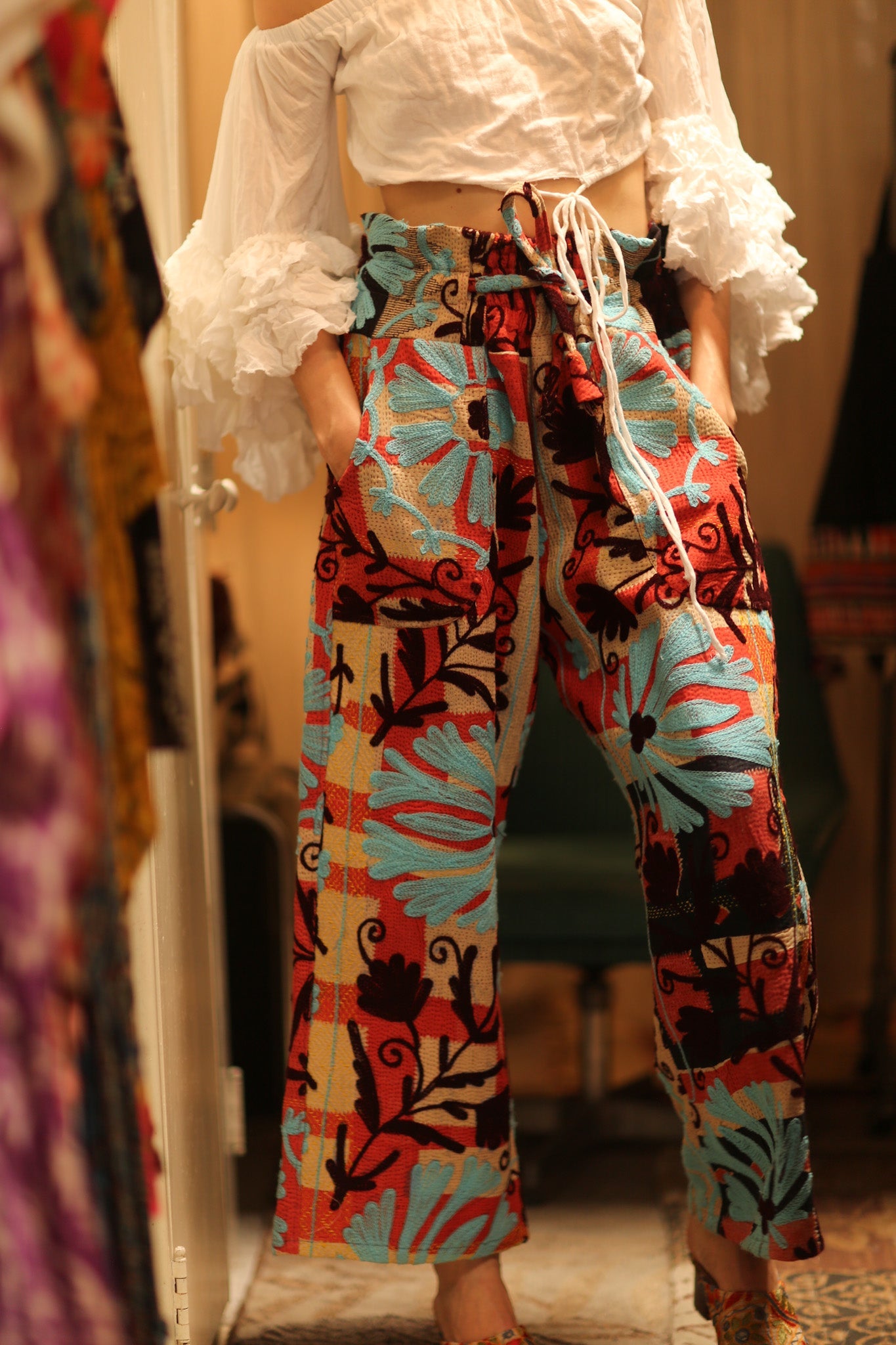 EMBROIDERED KANTHA PANTS FREYA - BANGKOK TAILOR CLOTHING STORE - HANDMADE CLOTHING