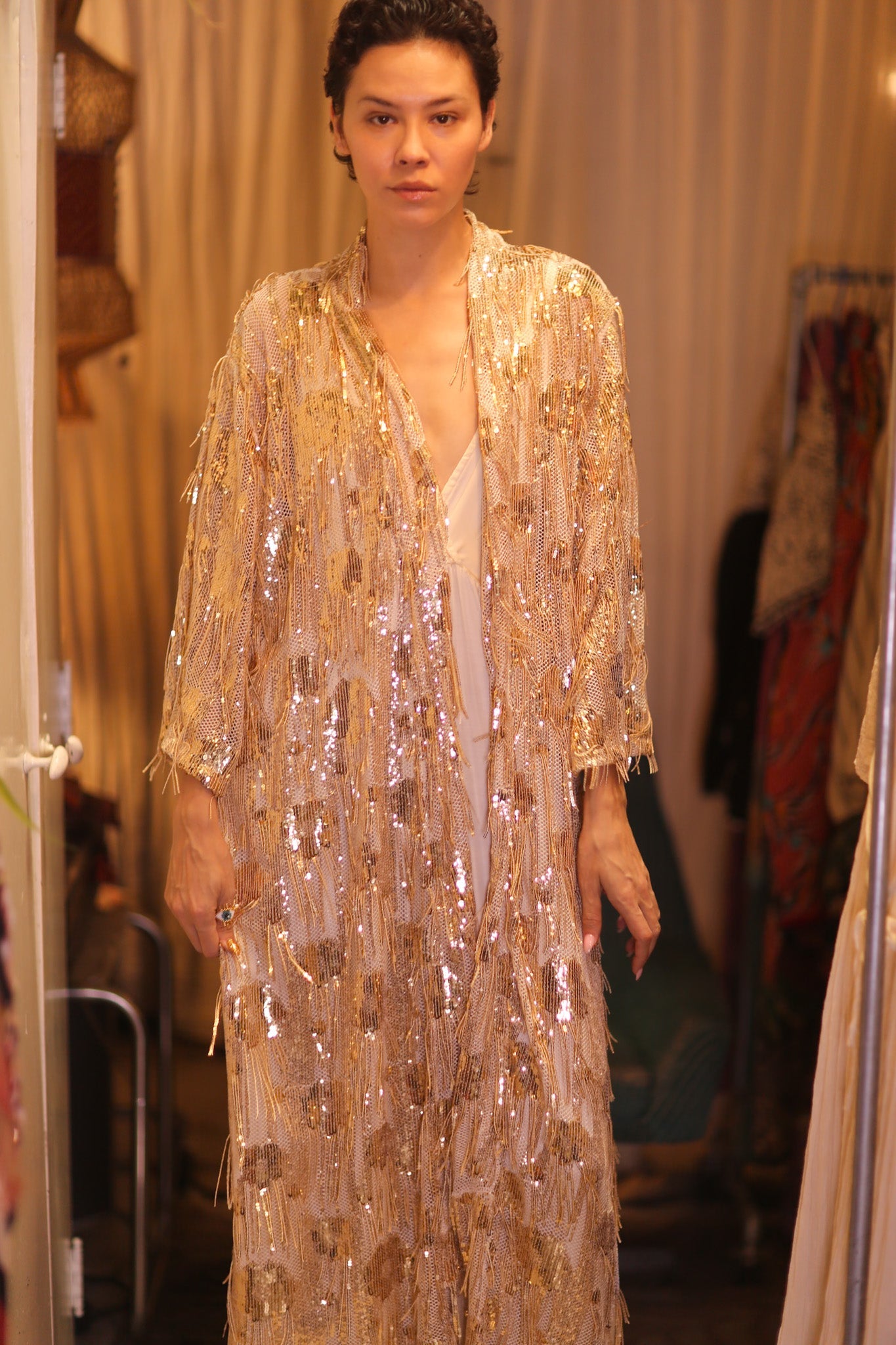 EMBROIDERED LONG FRINGE KIMONO GOLDEN - BANGKOK TAILOR CLOTHING STORE - HANDMADE CLOTHING