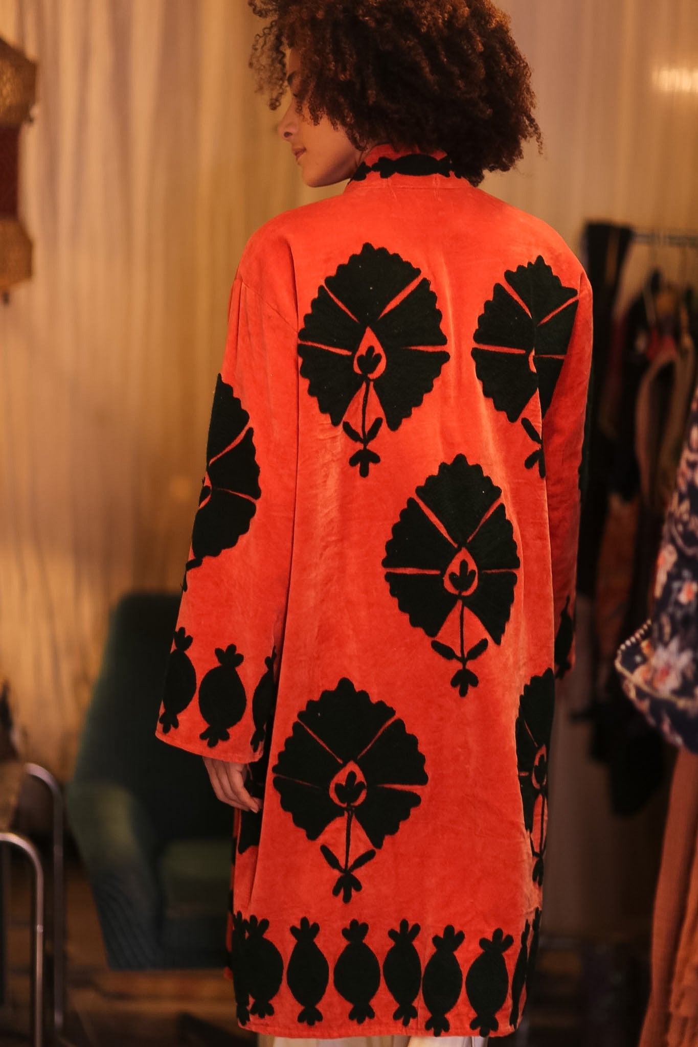 EMBROIDERED VELVET LONG COAT HONEY - BANGKOK TAILOR CLOTHING STORE - HANDMADE CLOTHING