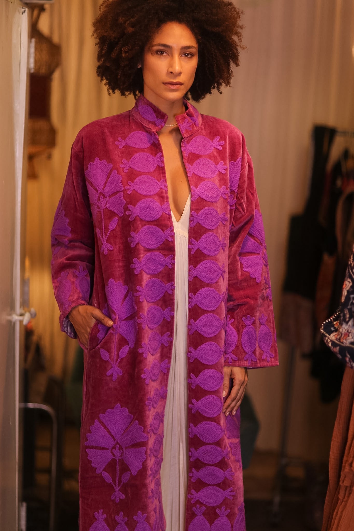 EMBROIDERED VELVET LONG COAT MAYA - BANGKOK TAILOR CLOTHING STORE - HANDMADE CLOTHING
