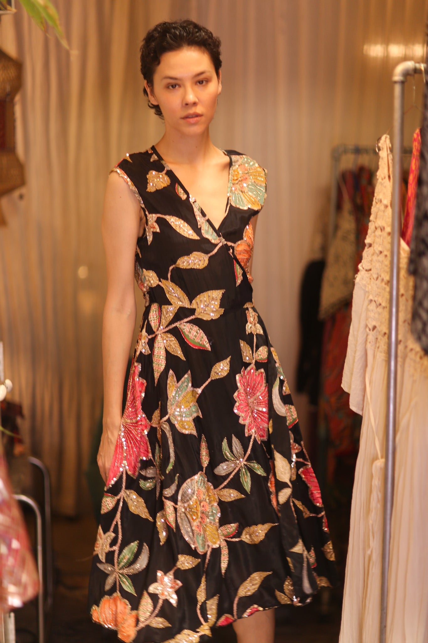 EMBROIDERED WARP SILK DRESS SHONE - BANGKOK TAILOR CLOTHING STORE - HANDMADE CLOTHING