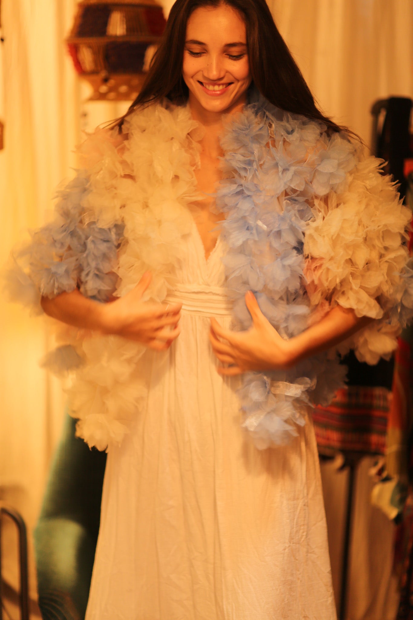 FEATHER FRILL KIMONO MARILYN - BANGKOK TAILOR CLOTHING STORE - HANDMADE CLOTHING