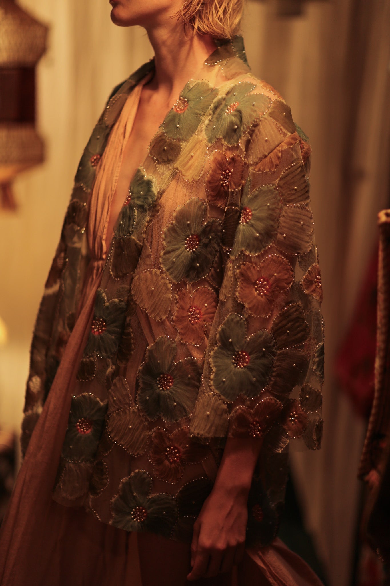 FLO SEQUINED EMBROIDERED SHORT KIMONO BLUE - BANGKOK TAILOR CLOTHING STORE - HANDMADE CLOTHING