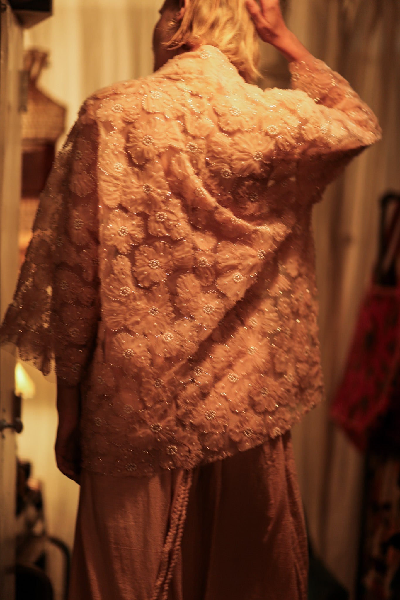 FLO SEQUINED EMBROIDERED SHORT KIMONO PASTEL PINK - BANGKOK TAILOR CLOTHING STORE - HANDMADE CLOTHING