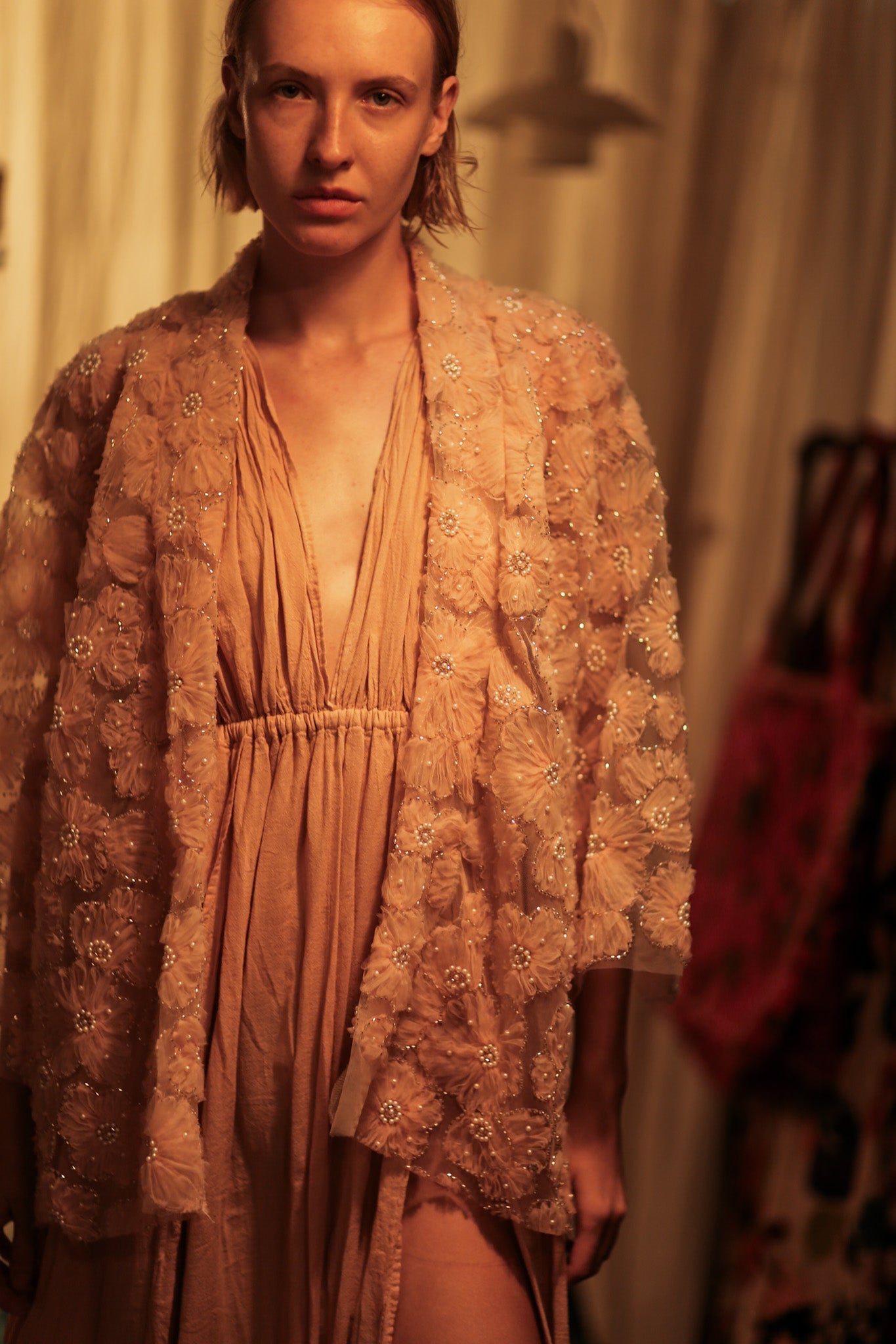 FLO SEQUINED EMBROIDERED SHORT KIMONO PASTEL PINK - BANGKOK TAILOR CLOTHING STORE - HANDMADE CLOTHING