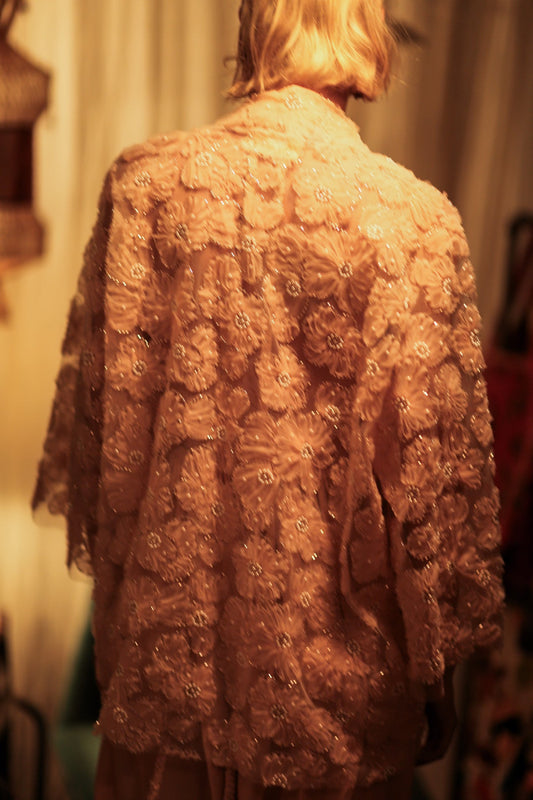 FLO SEQUINED EMBROIDERED SHORT KIMONO PASTEL PINK - BANGKOK TAILOR CLOTHING STORE - HANDMADE CLOTHING