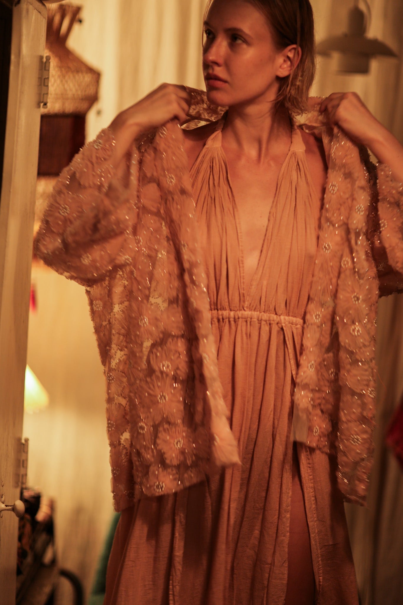 FLO SEQUINED EMBROIDERED SHORT KIMONO PASTEL PINK - BANGKOK TAILOR CLOTHING STORE - HANDMADE CLOTHING