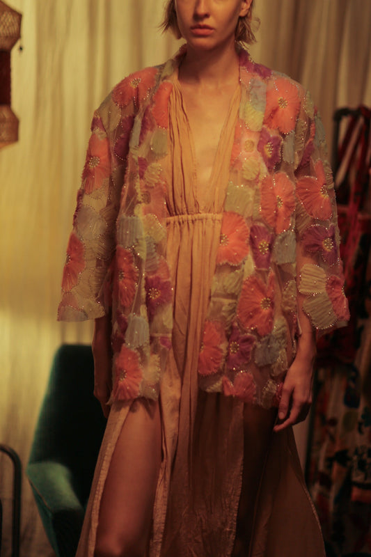 FLO SEQUINED EMBROIDERED SHORT KIMONO PINK - BANGKOK TAILOR CLOTHING STORE - HANDMADE CLOTHING