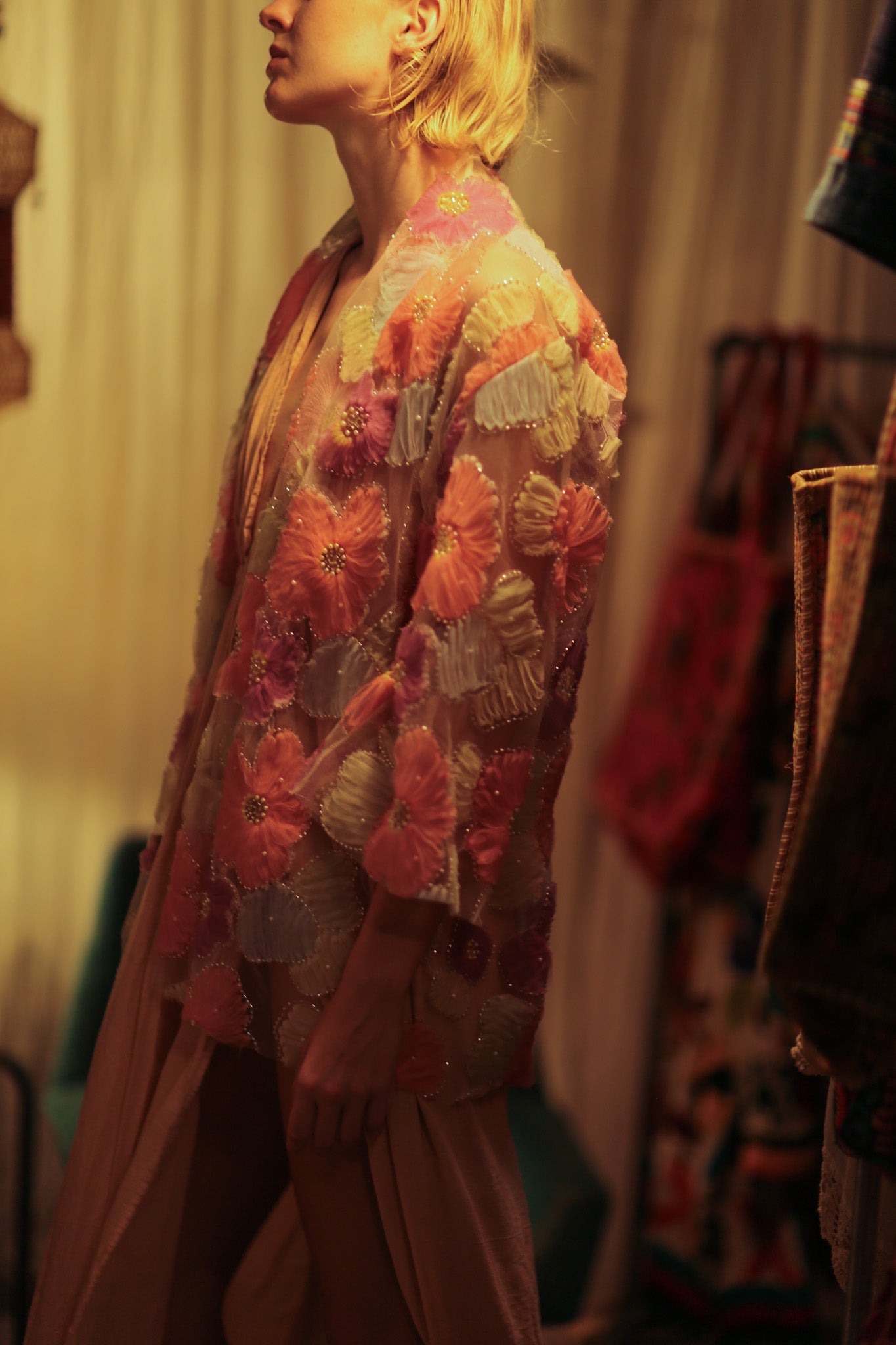 FLO SEQUINED EMBROIDERED SHORT KIMONO PINK - BANGKOK TAILOR CLOTHING STORE - HANDMADE CLOTHING