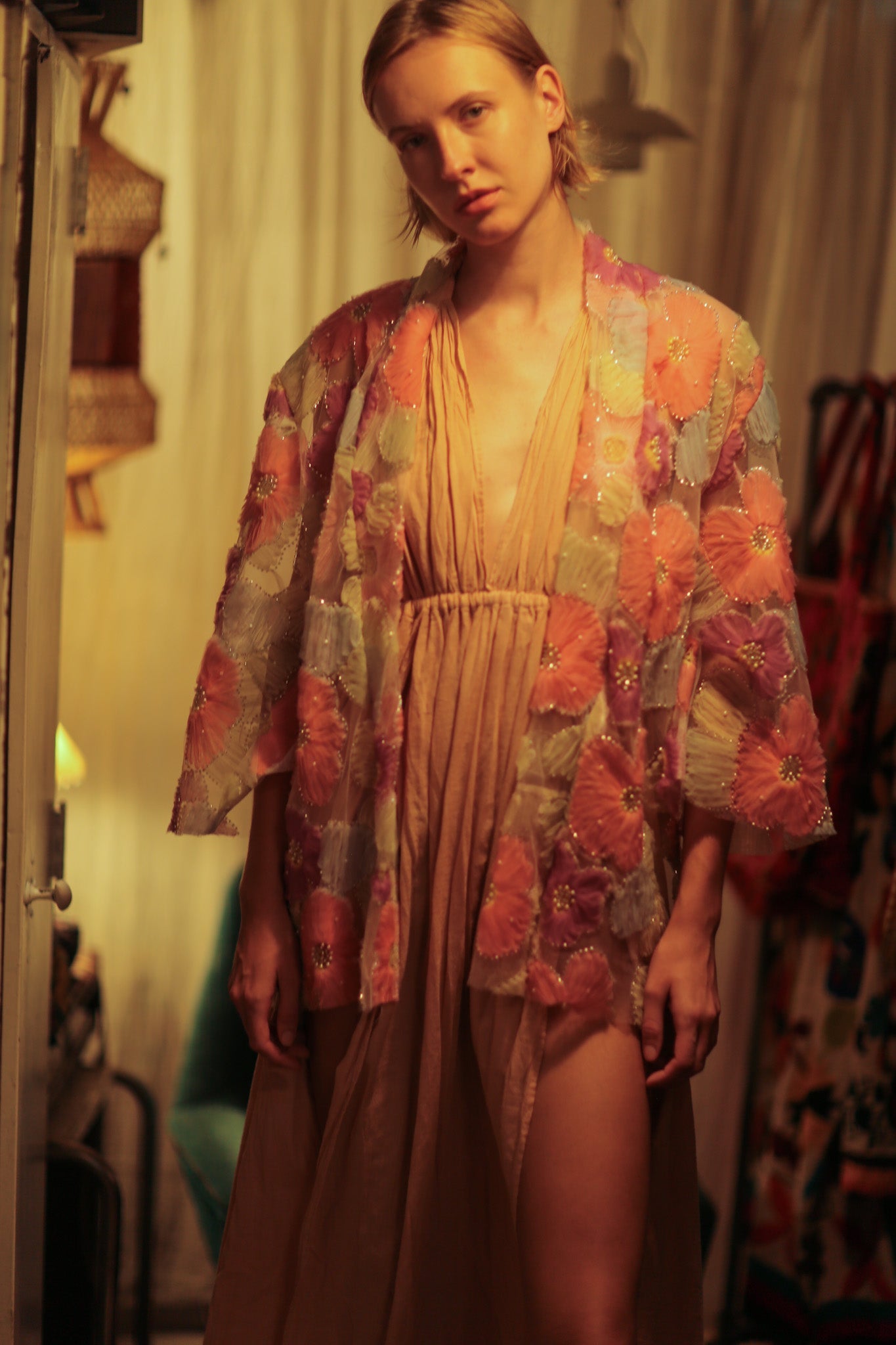 FLO SEQUINED EMBROIDERED SHORT KIMONO PINK - BANGKOK TAILOR CLOTHING STORE - HANDMADE CLOTHING