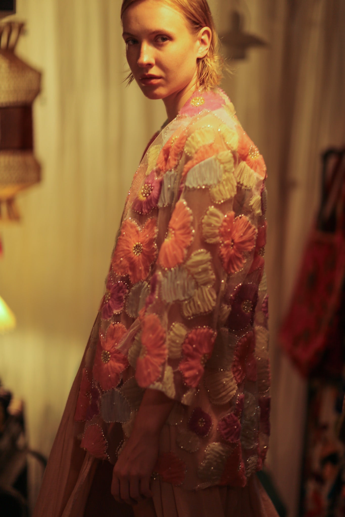 FLO SEQUINED EMBROIDERED SHORT KIMONO PINK - BANGKOK TAILOR CLOTHING STORE - HANDMADE CLOTHING
