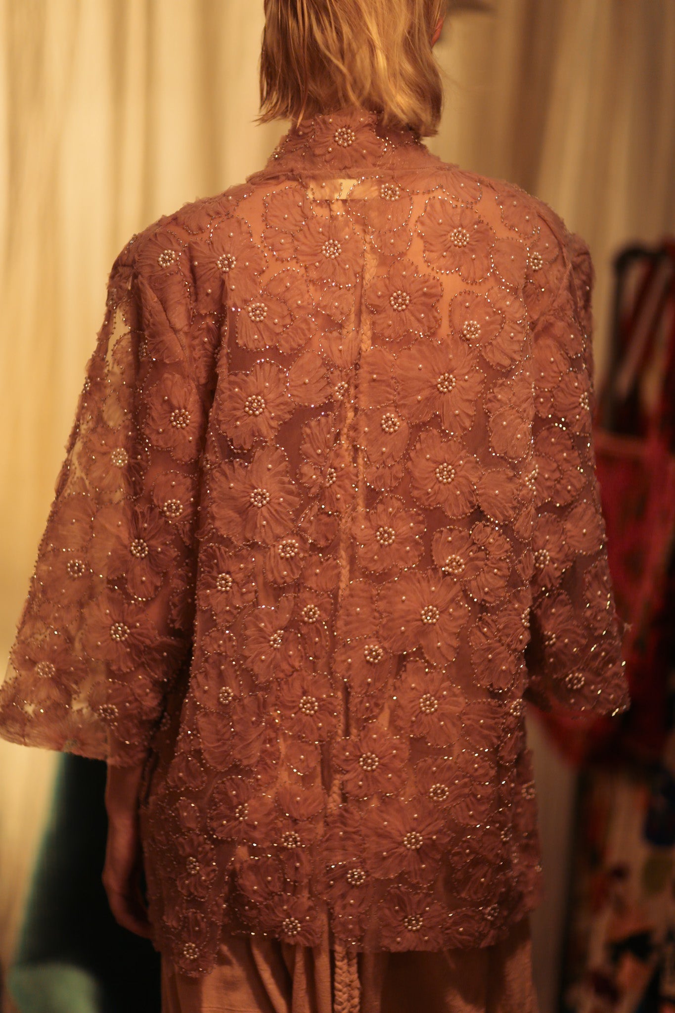 FLO SEQUINED EMBROIDERED SHORT KIMONO VERY PINK - BANGKOK TAILOR CLOTHING STORE - HANDMADE CLOTHING