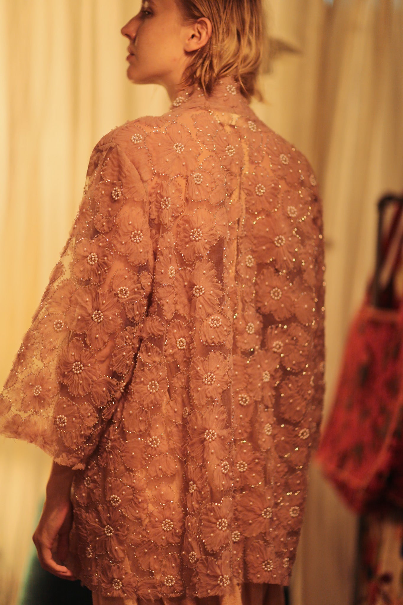 FLO SEQUINED EMBROIDERED SHORT KIMONO VERY PINK - BANGKOK TAILOR CLOTHING STORE - HANDMADE CLOTHING