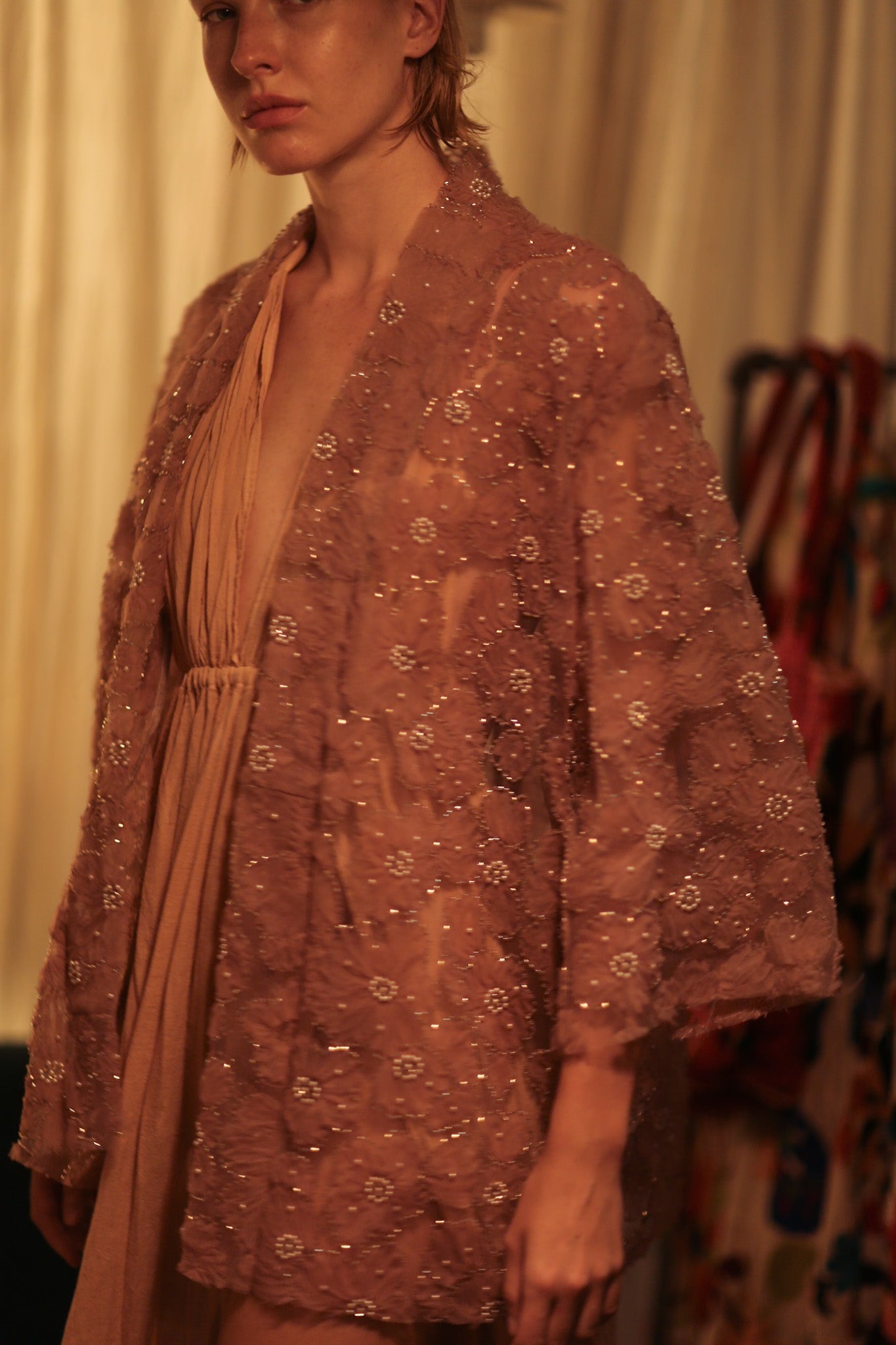 FLO SEQUINED EMBROIDERED SHORT KIMONO VERY PINK - BANGKOK TAILOR CLOTHING STORE - HANDMADE CLOTHING