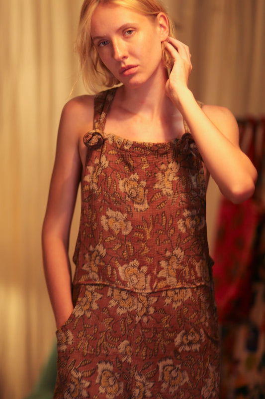 FREYA EMBROIDERED KANTHA BROWN FLORAL - BANGKOK TAILOR CLOTHING STORE - HANDMADE CLOTHING