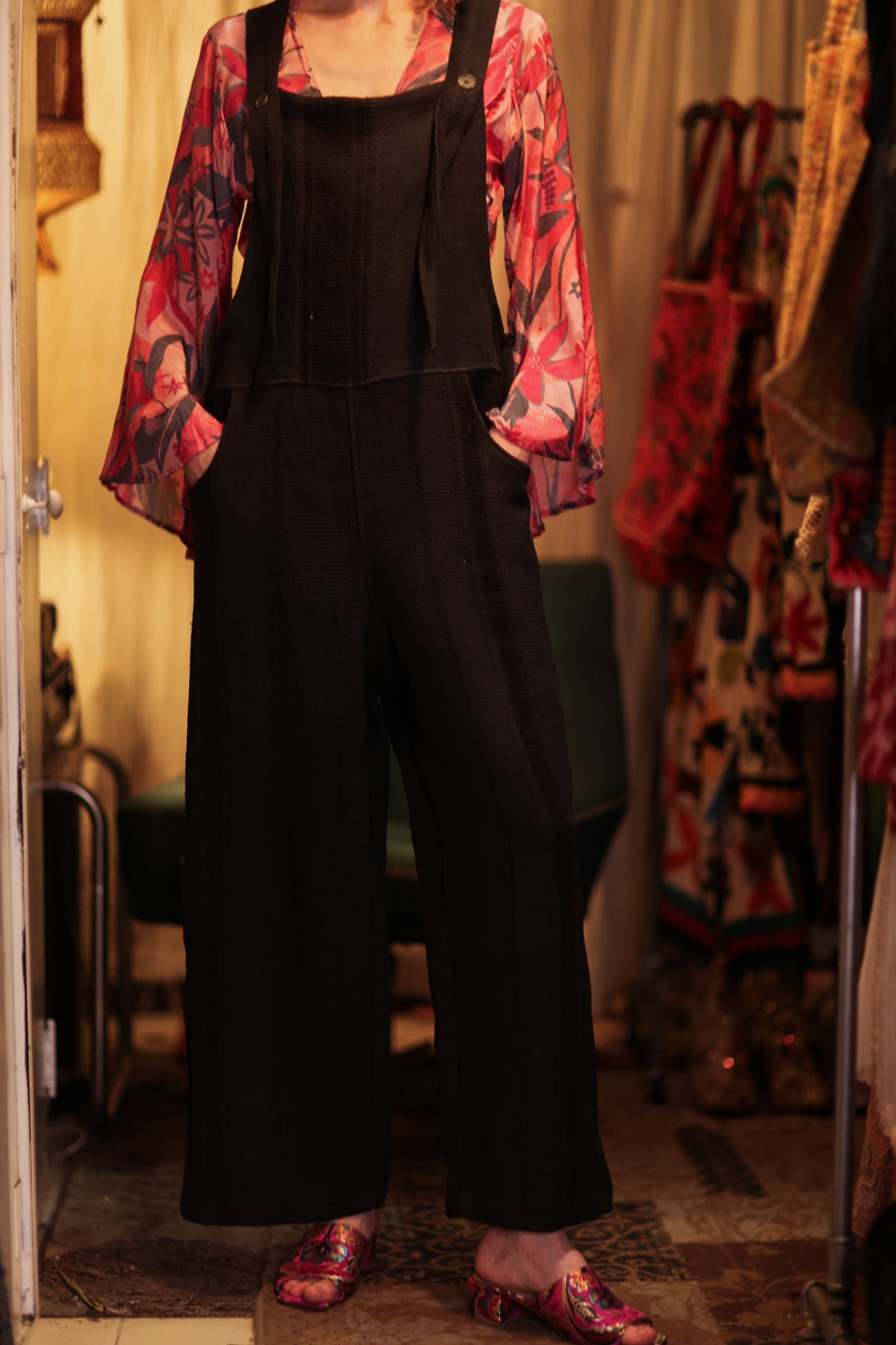 FREYA EMBROIDERED KANTHA DUNGAREES DARKNESS - BANGKOK TAILOR CLOTHING STORE - HANDMADE CLOTHING