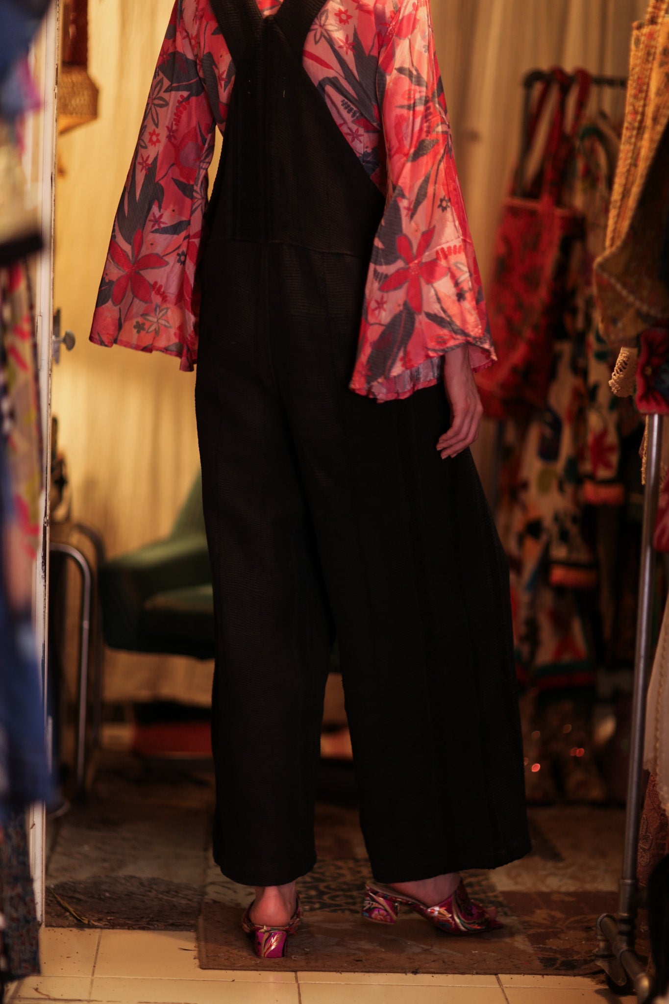 FREYA EMBROIDERED KANTHA DUNGAREES DARKNESS - BANGKOK TAILOR CLOTHING STORE - HANDMADE CLOTHING