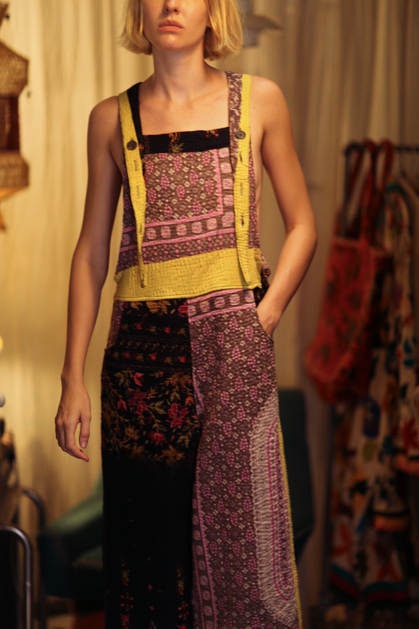FREYA EMBROIDERED KANTHA DUNGAREES GRAPES - BANGKOK TAILOR CLOTHING STORE - HANDMADE CLOTHING