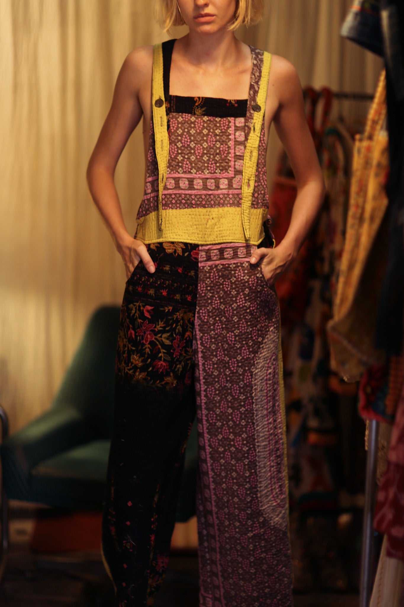 FREYA EMBROIDERED KANTHA DUNGAREES GRAPES - BANGKOK TAILOR CLOTHING STORE - HANDMADE CLOTHING