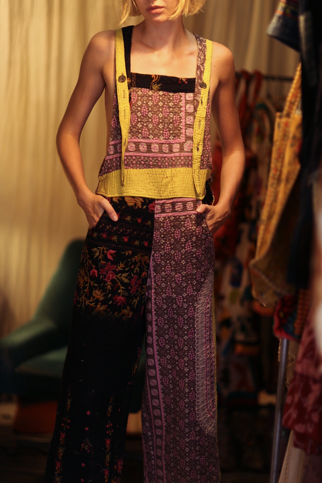 FREYA EMBROIDERED KANTHA DUNGAREES GRAPES - BANGKOK TAILOR CLOTHING STORE - HANDMADE CLOTHING