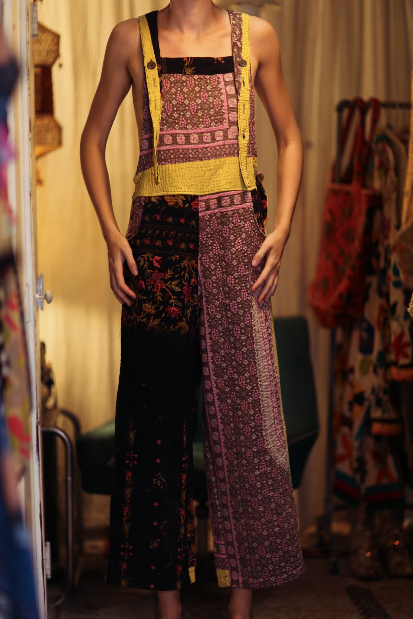 FREYA EMBROIDERED KANTHA DUNGAREES GRAPES - BANGKOK TAILOR CLOTHING STORE - HANDMADE CLOTHING