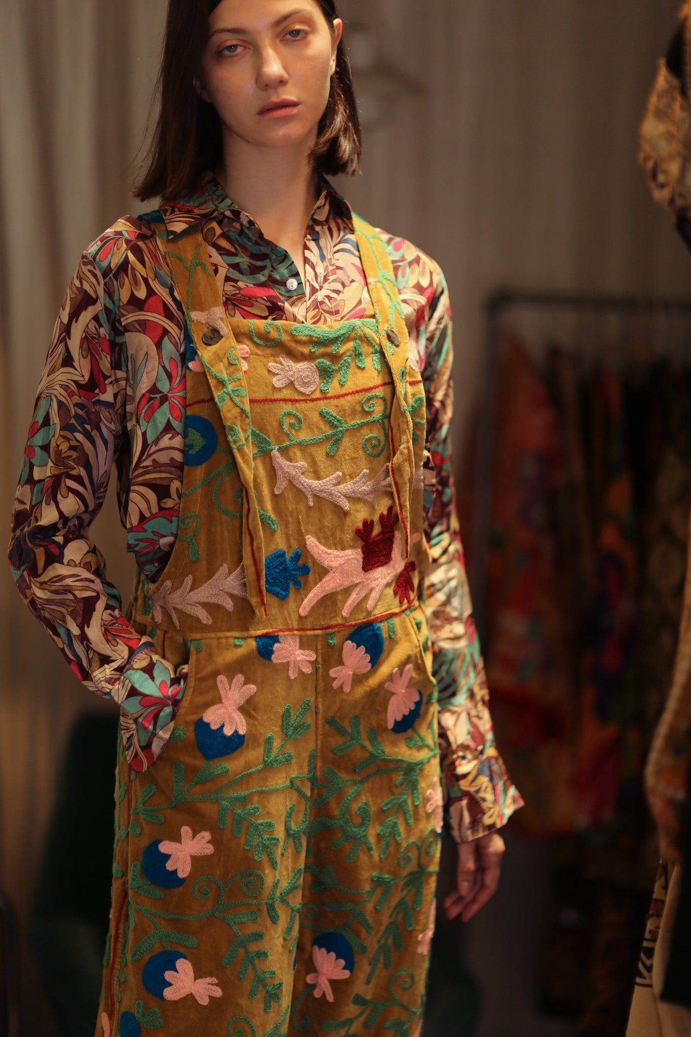 FREYA EMBROIDERED OVERALL MUSTARD - BANGKOK TAILOR CLOTHING STORE - HANDMADE CLOTHING