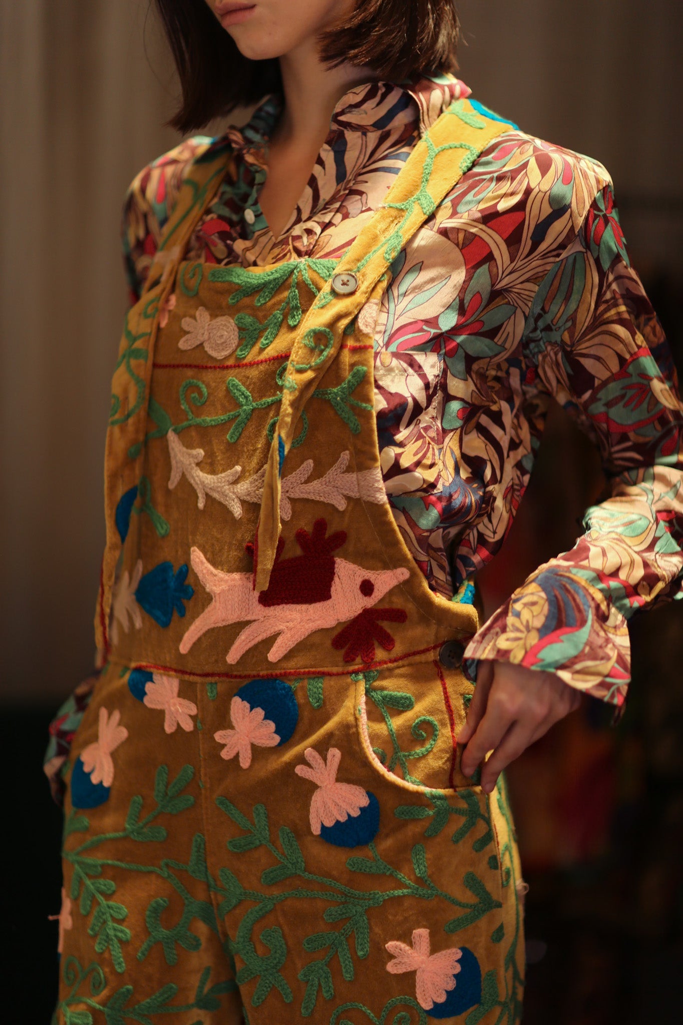 FREYA EMBROIDERED OVERALL MUSTARD - BANGKOK TAILOR CLOTHING STORE - HANDMADE CLOTHING