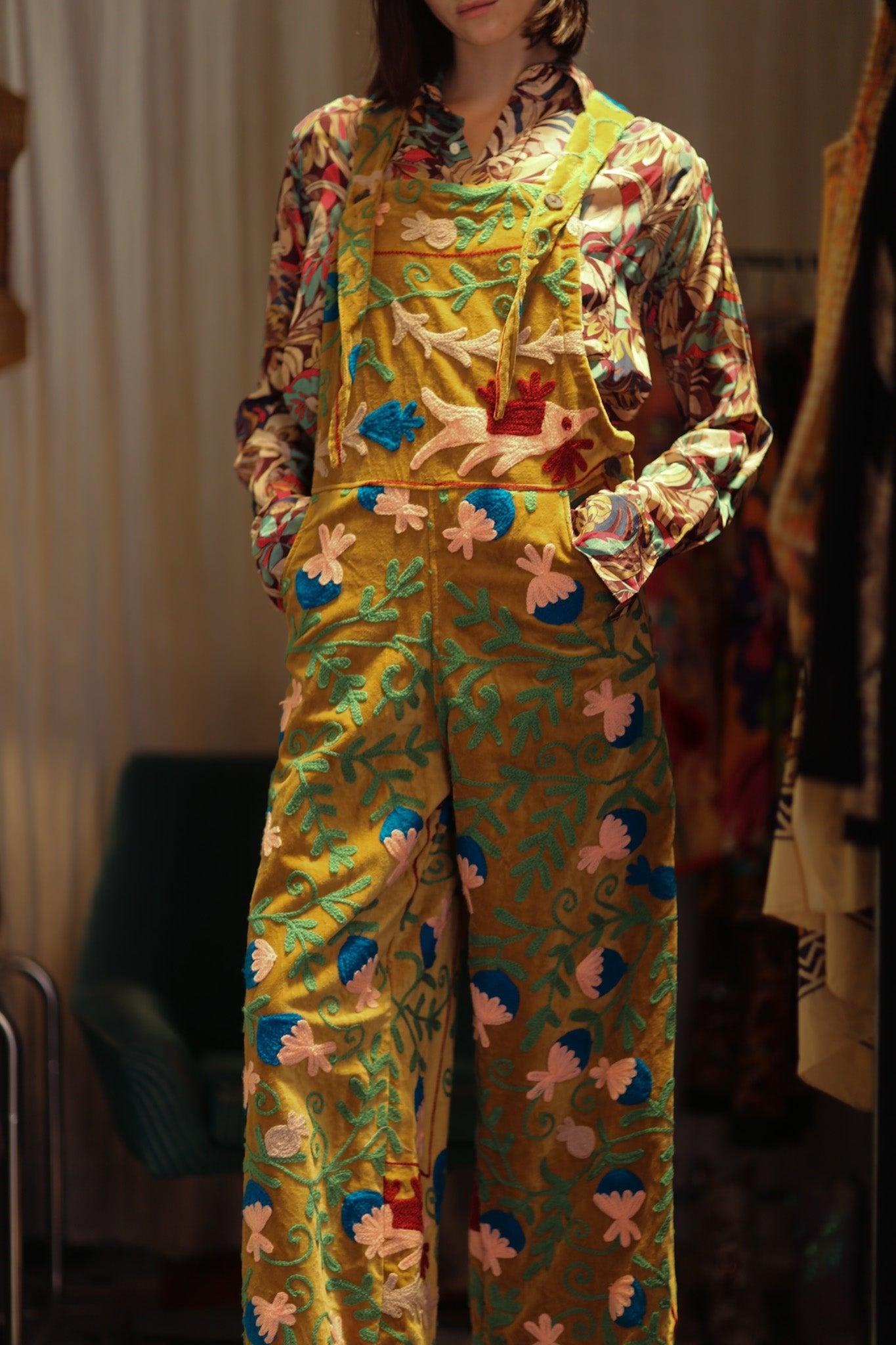 FREYA EMBROIDERED OVERALL MUSTARD - BANGKOK TAILOR CLOTHING STORE - HANDMADE CLOTHING