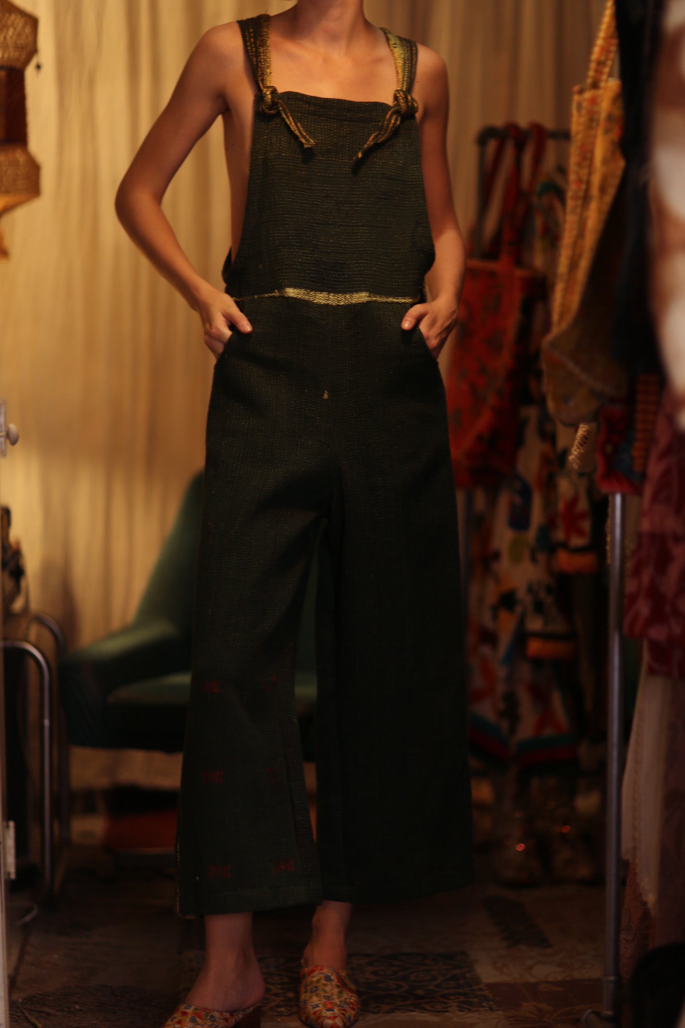 FREYA OVERALL EMBROIDERED KANTHA FOREST GREEN - BANGKOK TAILOR CLOTHING STORE - HANDMADE CLOTHING