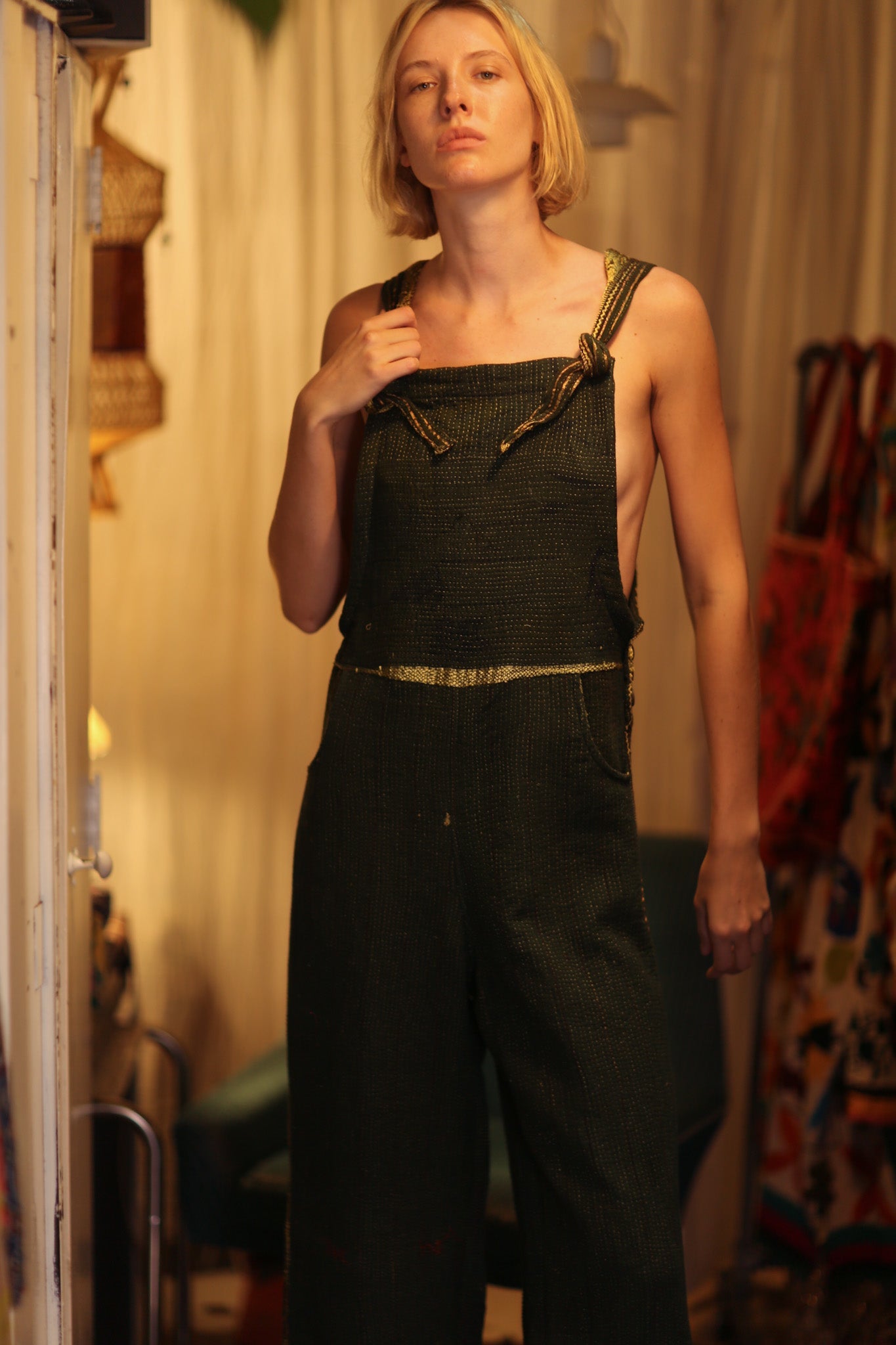 FREYA OVERALL EMBROIDERED KANTHA FOREST GREEN - BANGKOK TAILOR CLOTHING STORE - HANDMADE CLOTHING